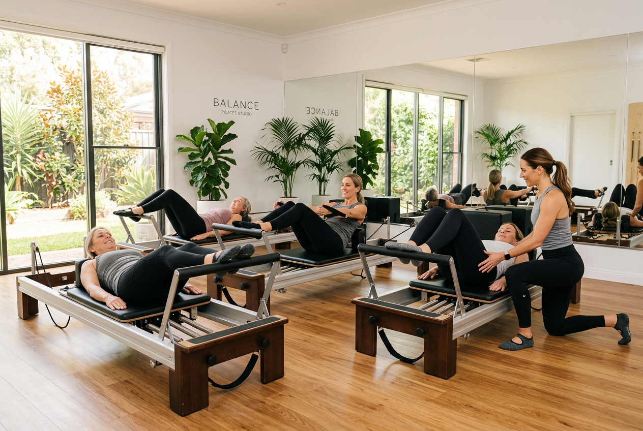 Aula de pilates em estúdio com instrutora e clientes